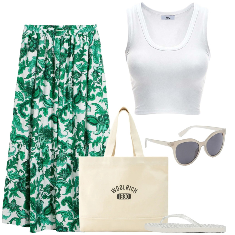 Outfit donna - La gonna tropicale. Stile Basic per Tutti i giorni. Abbinamento con gonne lunghe, occhiali da sole, canottiere, infradito, borse tote.