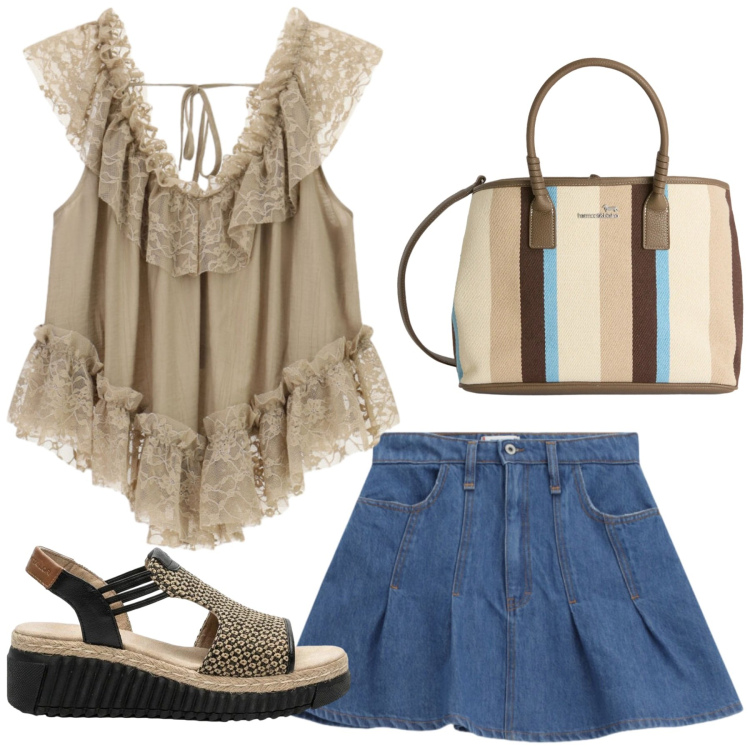 Outfit donna - Total look #2438822. Stile Romantica per Mare. Abbinamento con sandali, top, minigonne, shopping bag.