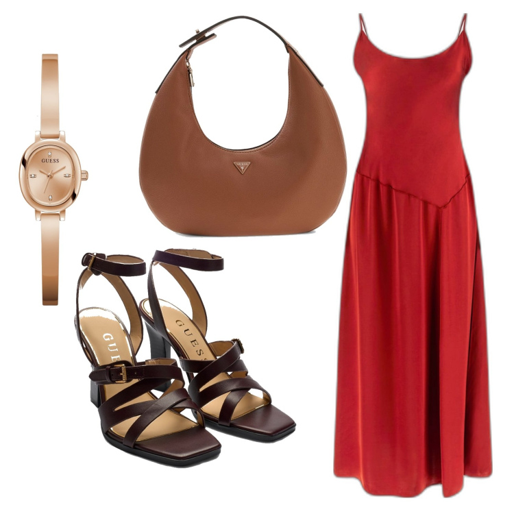 Outfit mujer - Chic outfit. Estilo Chic para Noche/Fiesta elegante. Combinación con vestidos asimétricos, sandalias de piel, bolsos de mano, relojes analógicos.