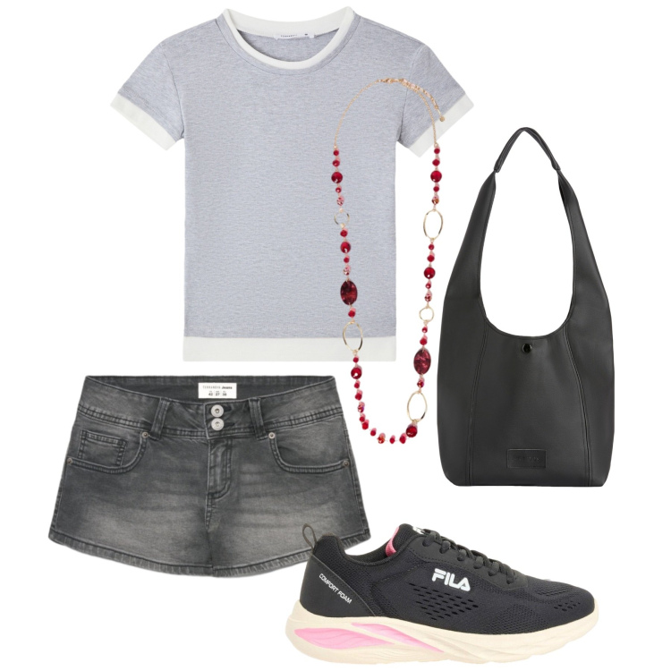 Outfit donna - Total look #2438831. Stile Basic per Tutti i giorni. Abbinamento con sneakers, shorts, t-shirt, collane, borse a spalla.
