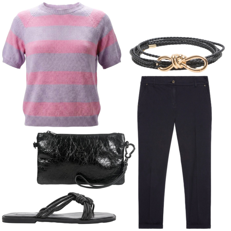 Outfit donna - Total look #2438833. Stile Basic per Ufficio. Abbinamento con maglieria, pochette, cinture, pantaloni chino, sandali.