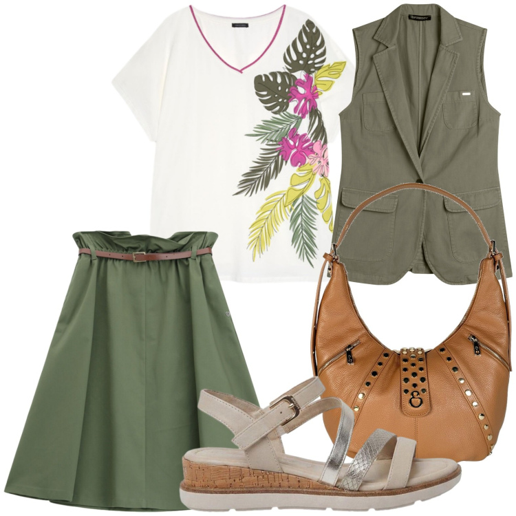 Outfit donna - Look savana. Stile Etnico per Ufficio. Abbinamento con sandali, borse a spalla, gilet, t-shirt, gonne longuette.
