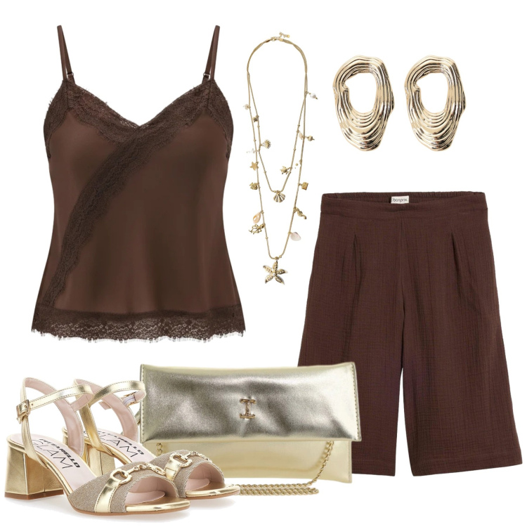 Outfit donna - Rifinire di gold. Stile Chic per Tutti i giorni. Abbinamento con bermuda, orecchini, top, borse a tracolla, collane, sandali col tacco.