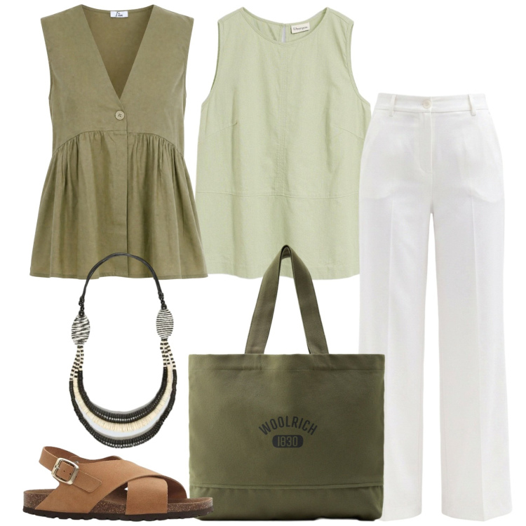 Outfit donna - Must-have in lino. Stile Urban per Tutti i giorni. Abbinamento con sandali in pelle, top, gilet, collane, borse tote, pantaloni.