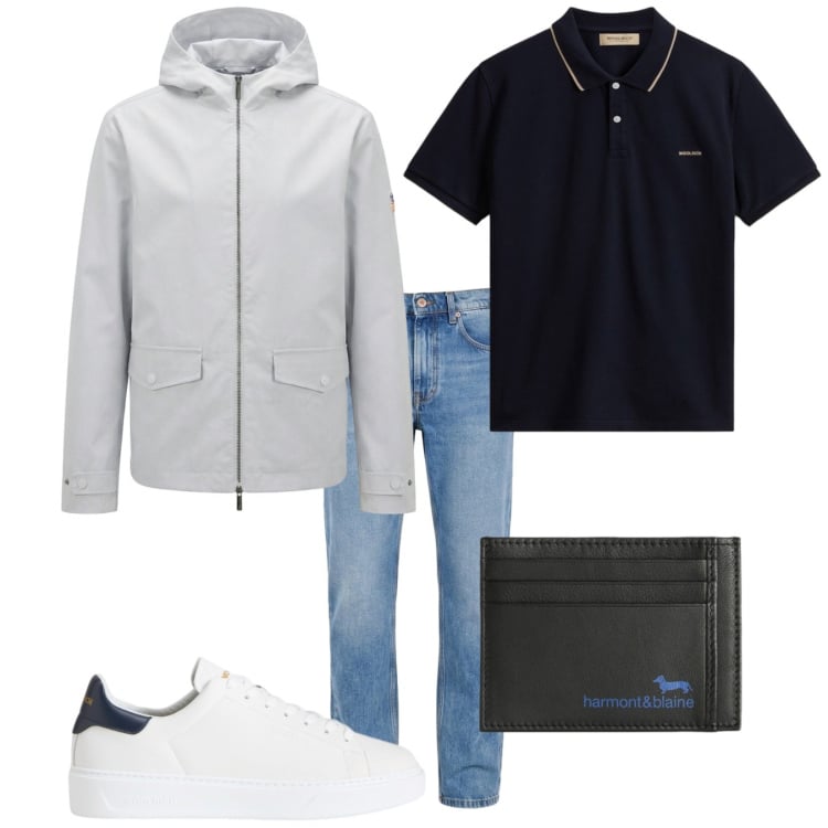 Outfit uomo - Total look #2438855. Stile Urban per Tutti i giorni. Abbinamento con giacche, portafogli, jeans, sneakers, polo.