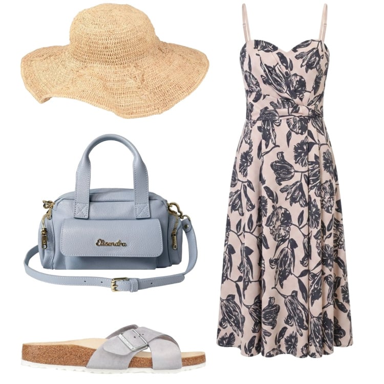 Outfit donna - In vacanza. Stile Trendy per Tutti i giorni. Abbinamento con cappelli, sandali in pelle, borse a mano, vestiti midi/longuette.