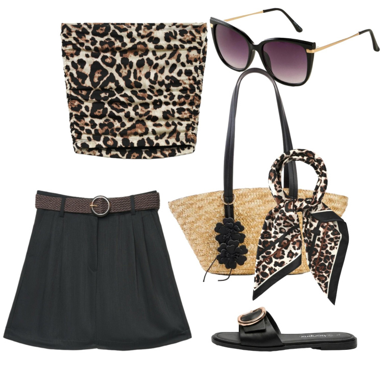 Outfit donna - Luglio. per Mare. Abbinamento con shopping bag, ciabatte, occhiali da sole, foulard, bermuda, top.