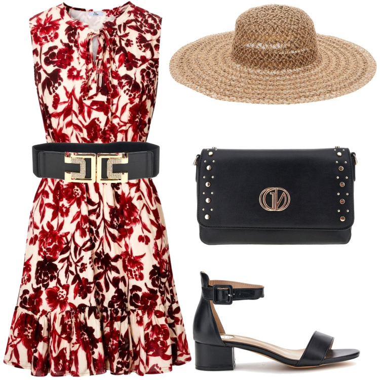Outfit donna - Una turista chic. Stile Casual chic per Tutti i giorni. Abbinamento con vestiti corti, cinture, sandali col tacco, borse a tracolla, cappelli.