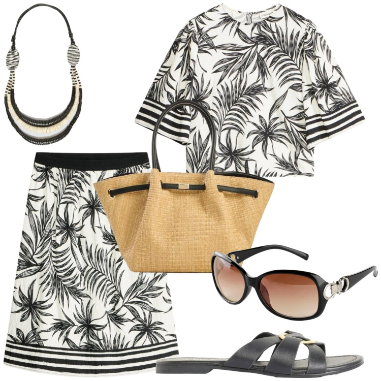 Outfit donna - Tropicale in bianco e nero. Stile Chic per Tutti i giorni. Abbinamento con camicie a manica corta, occhiali da sole, gonne, shopping bag, ciabatte, collane.