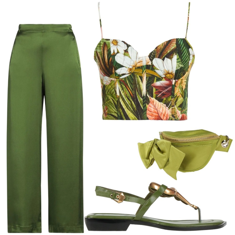 Outfit donna - Alle Hawaii di sera tra tropicale e seta. Stile Glamour per Serata fuori. Abbinamento con top, marsupi, pantaloni, infradito.