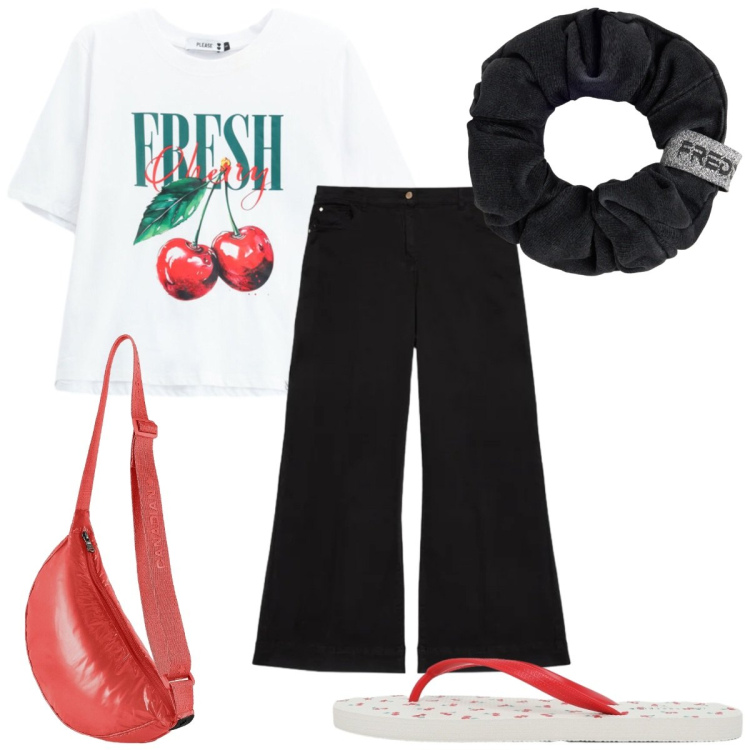 Outfit donna - Total look #2438895. Stile Trendy per Tutti i giorni. Abbinamento con infradito, t-shirt, pantaloni, accessori per capelli, borse a tracolla.