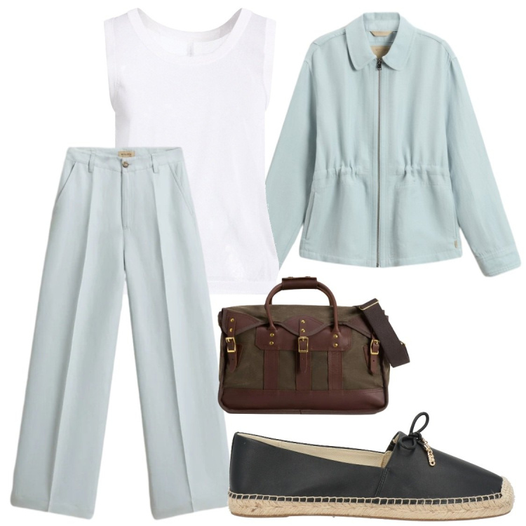 Outfit donna - Corro in ufficio. Stile Chic per Ufficio. Abbinamento con top, espadrillas, pantaloni, borse a tracolla, parka.