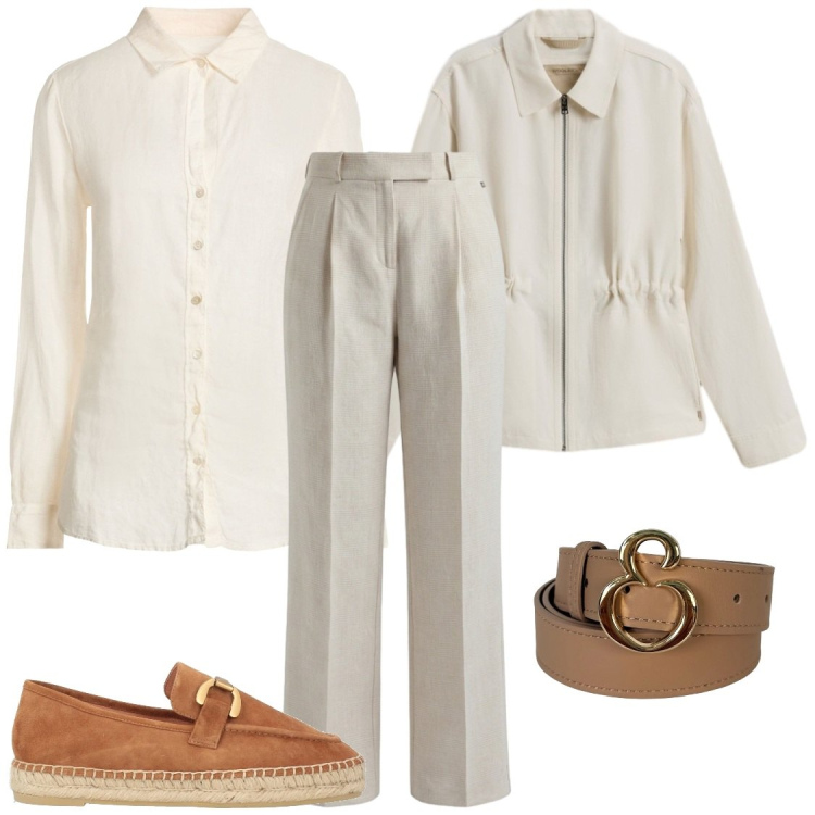 Outfit donna - Lino fino a settembre. Stile Chic per Ufficio. Abbinamento con mocassini, camicie, pantaloni, cinture, parka.