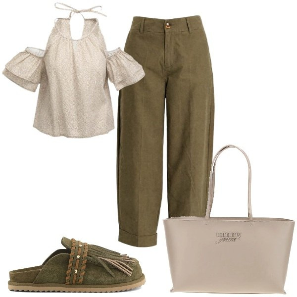 Outfit donna - Total look #2438898. Stile Casual per Tutti i giorni. Abbinamento con top, pantaloni, sabot, borse a spalla.