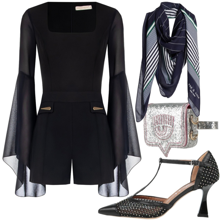 Outfit donna - Serata. Stile Casual chic per Serata fuori. Abbinamento con marsupi, décolleté, sciarpe, tuta corta.