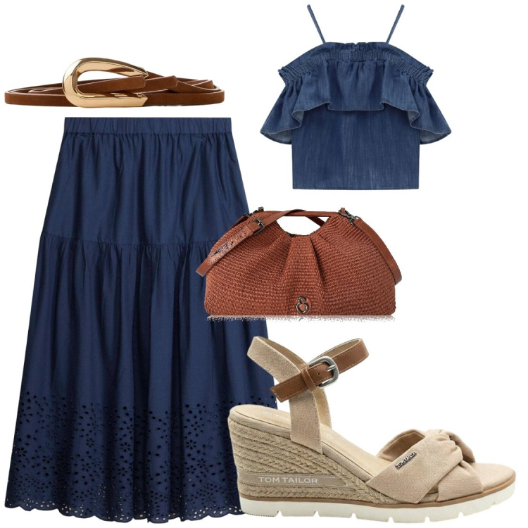 Outfit donna - Denim e colori versatili in valigia. Stile Chic per Serata fuori. Abbinamento con gonne longuette, sandali col tacco, cinture, clutch, top.