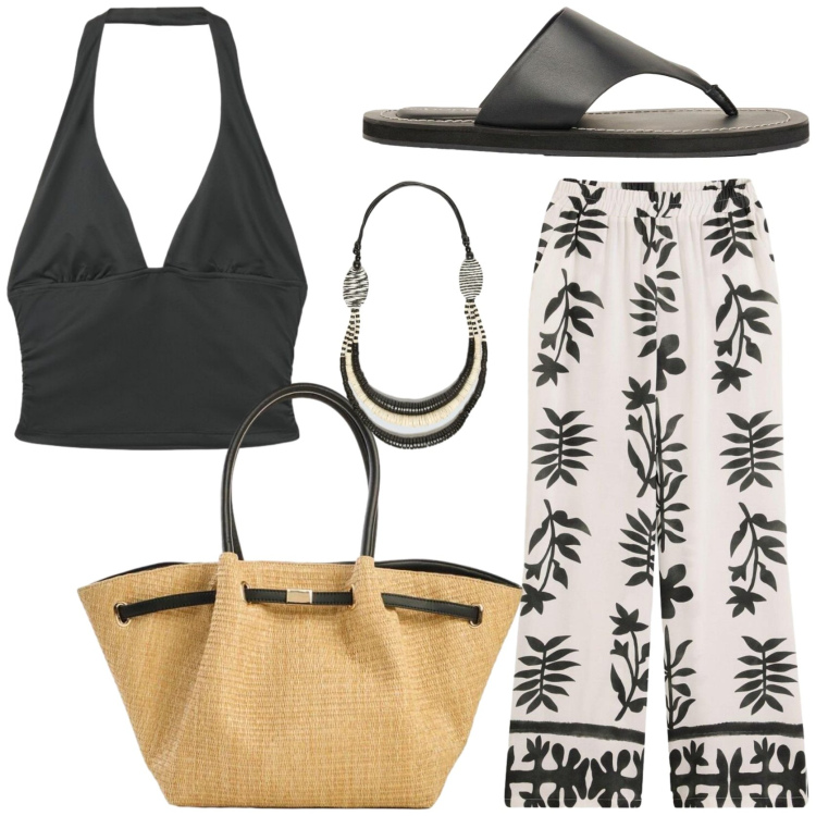 Outfit donna - Look fresco e comodo. Stile Casual chic per Tutti i giorni. Abbinamento con pantaloni, infradito, shopping bag, top, collane.