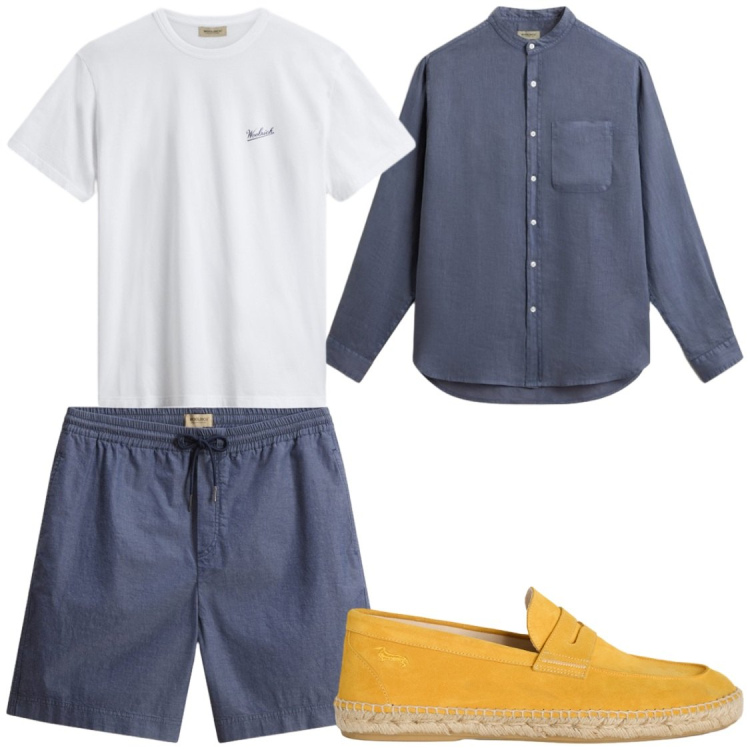 Outfit uomo - In giro in vacanza. Stile Trendy per Serata speciale. Abbinamento con espadrillas, t-shirt, pantaloni corti, camicie.