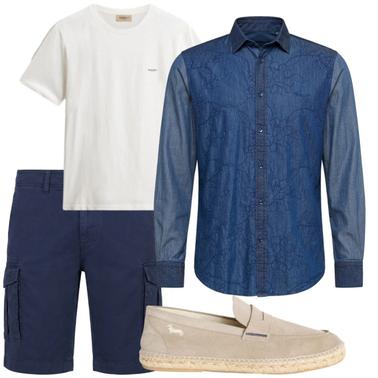 Outfit uomo - In vacanza. Stile Trendy per Serata speciale. Abbinamento con espadrillas, camicie, bermuda, t-shirt.