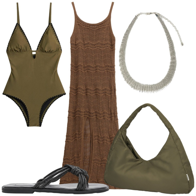 Outfit donna - Total look #2438930. Stile Etnico per Mare. Abbinamento con costumi interi, sandali, vestiti lunghi, collane, borse a spalla.