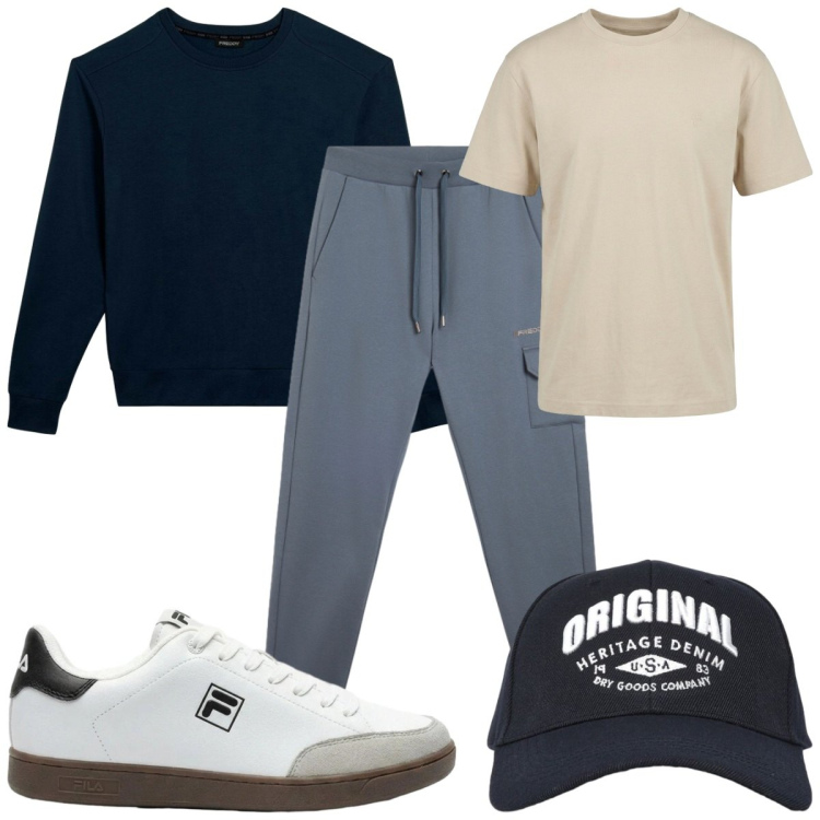 Outfit uomo - Total look #2438947. Stile Trendy per Tutti i giorni. Abbinamento con sneakers, t-shirt, cappelli con visiera, pantaloni cargo, felpe.