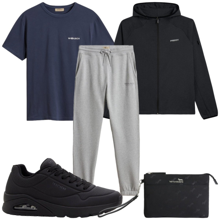 Outfit uomo - Total look #2438948. Stile Trendy per Sport. Abbinamento con sneakers, borse sportive, felpe con cappuccio, pantaloni, t-shirt.