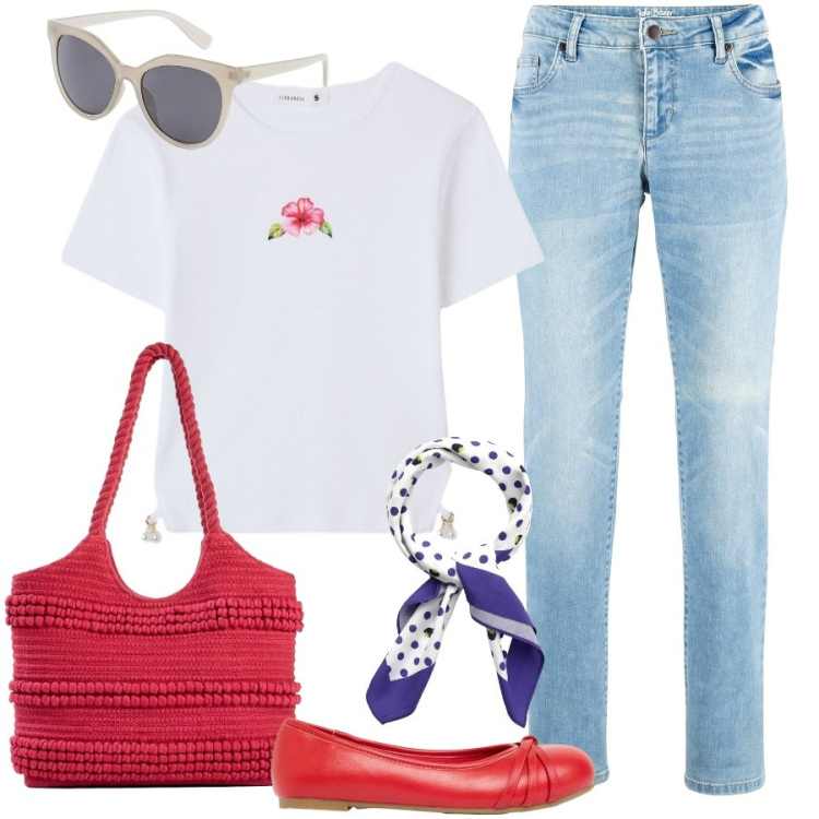 Outfit donna - Jeans e t-shirt. Stile Casual per Tutti i giorni. Abbinamento con ballerine, shopping bag, jeans dritti, occhiali da sole, foulard, t-shirt.