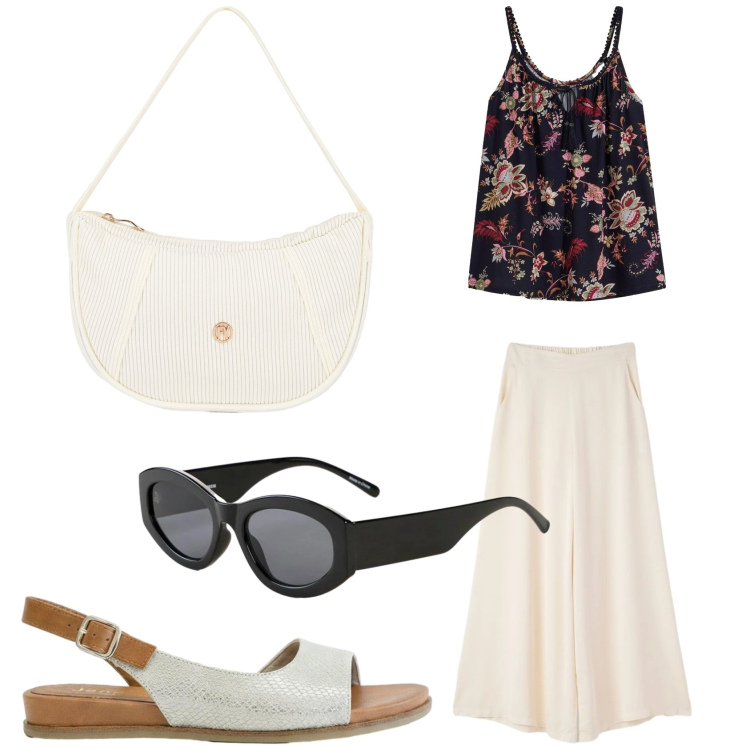 Outfit donna - I pantaloni freschi. Stile Casual per Tutti i giorni. Abbinamento con top, sandali, occhiali da sole, pantaloni, borse a mano.