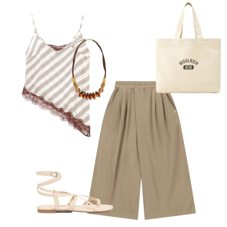 Outfit donna - Colori neutri. Stile Trendy per Mare. Abbinamento con sandali, pantaloni a palazzo, top, collane, borse tote.