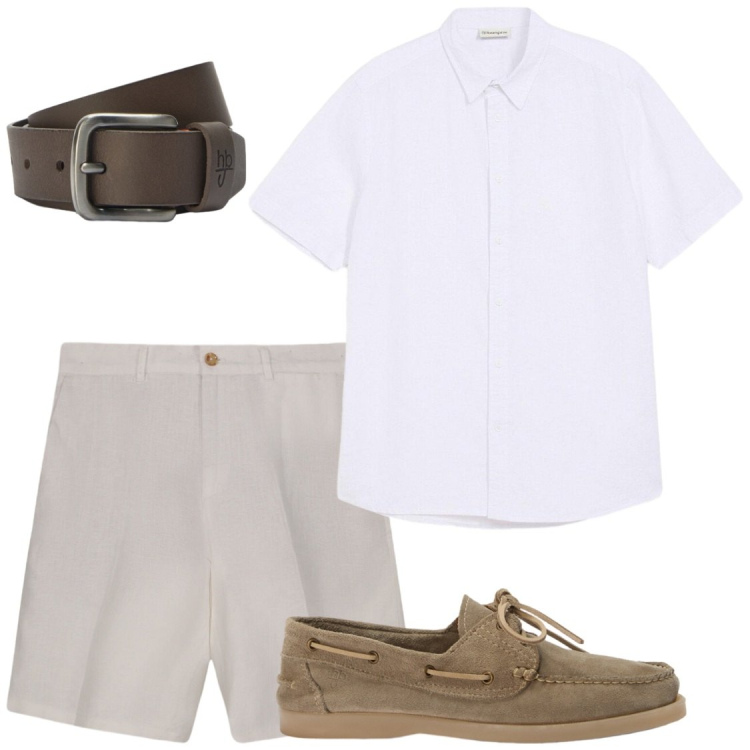 Outfit uomo - Eleganza rilassata. Stile Trendy per Serata speciale. Abbinamento con camicie a manica corta, scarpe stringate, cinture, bermuda.