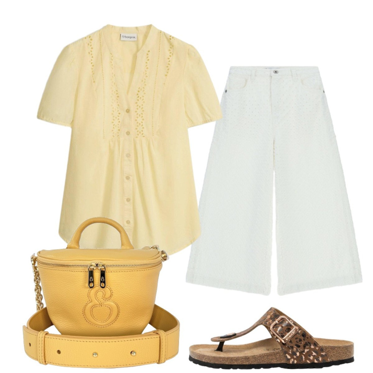 Outfit donna - Leggerezza estiva in lino. Stile Casual chic per Tutti i giorni. Abbinamento con infradito, camicie a manica corta, borse a tracolla, pantaloni a palazzo.