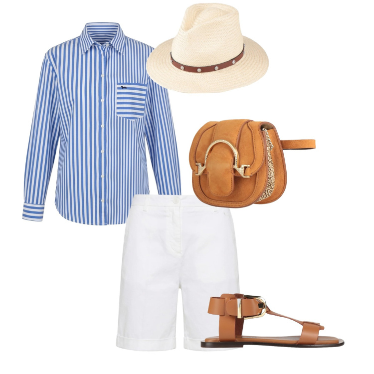 Outfit donna - Camicia taglio uomo. Stile Bon Ton per Mare. Abbinamento con marsupi, cappelli, sandali alla schiava, camicie, bermuda.