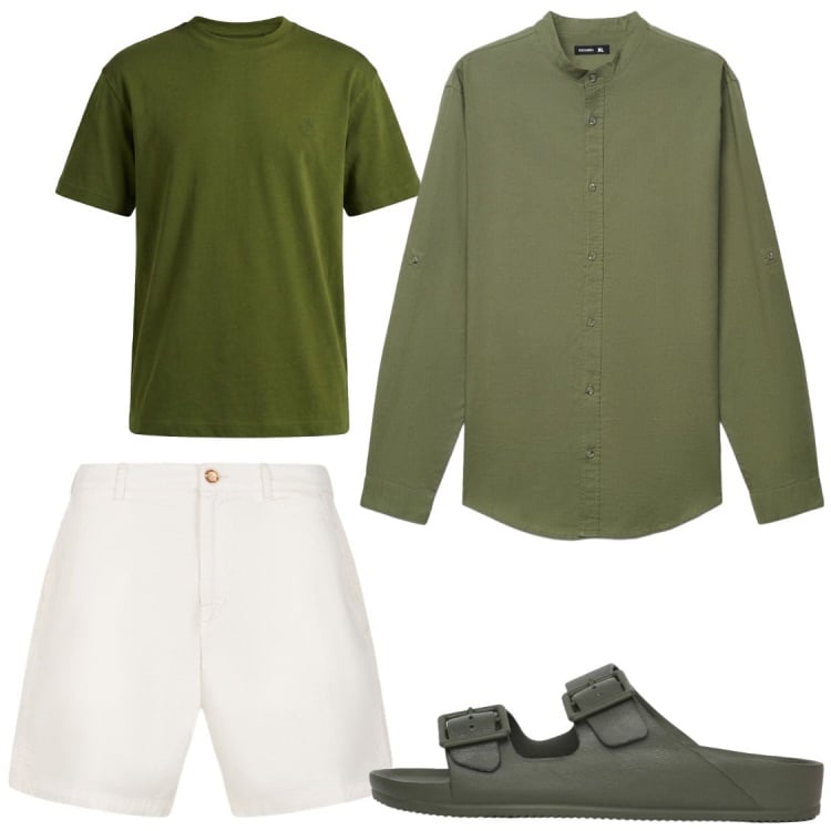 Outfit uomo - Versatilità in valigia. Stile Trendy per Serata speciale. Abbinamento con t-shirt, camicie, sandali, bermuda.