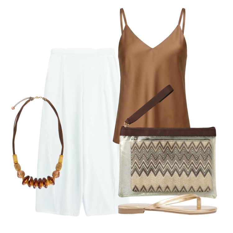 Outfit donna - Luglio. Stile Casual chic per Tutti i giorni. Abbinamento con sandali, pochette, collane, pantaloni a palazzo, top.