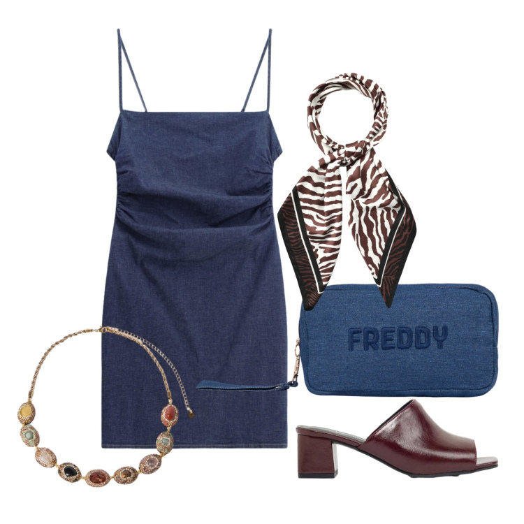 Outfit donna - Luglio. Stile Chic per Tutti i giorni. Abbinamento con ciabatte, foulard, pochette, collane, vestiti corti.