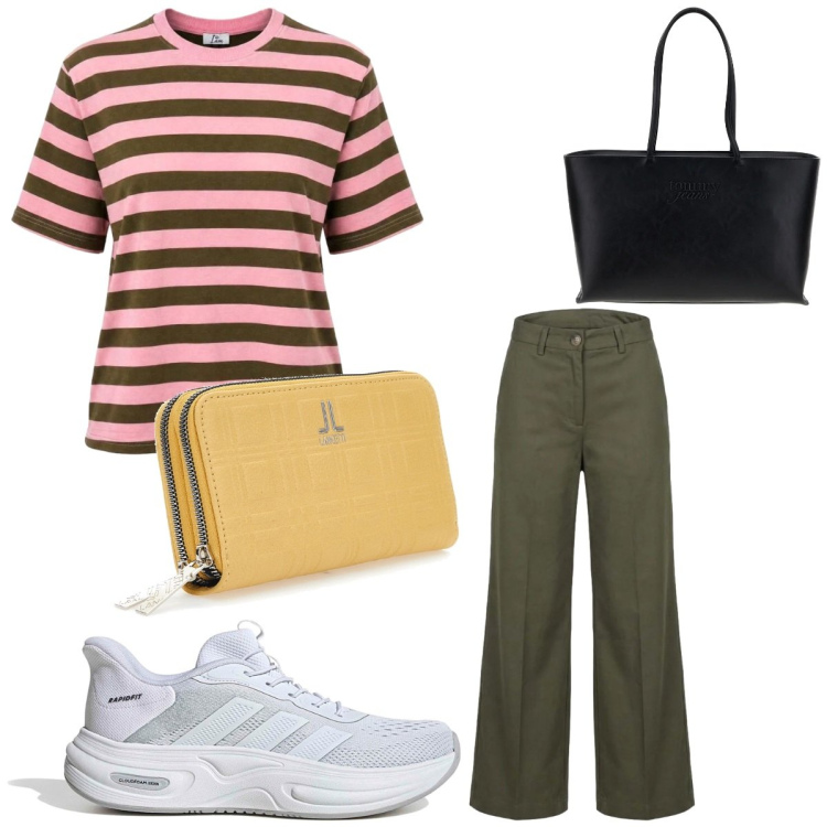 Outfit donna - I AM. Stile Casual chic per Ufficio. Abbinamento con pantaloni a palazzo, t-shirt, portafogli, borse a spalla, sneakers.