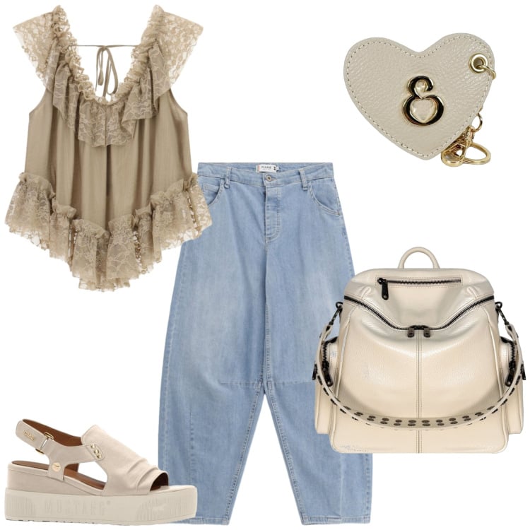 Outfit donna - Trendy e comoda. Stile Trendy per Tutti i giorni. Abbinamento con sandali, zaini, portachiavi, top, jeans.