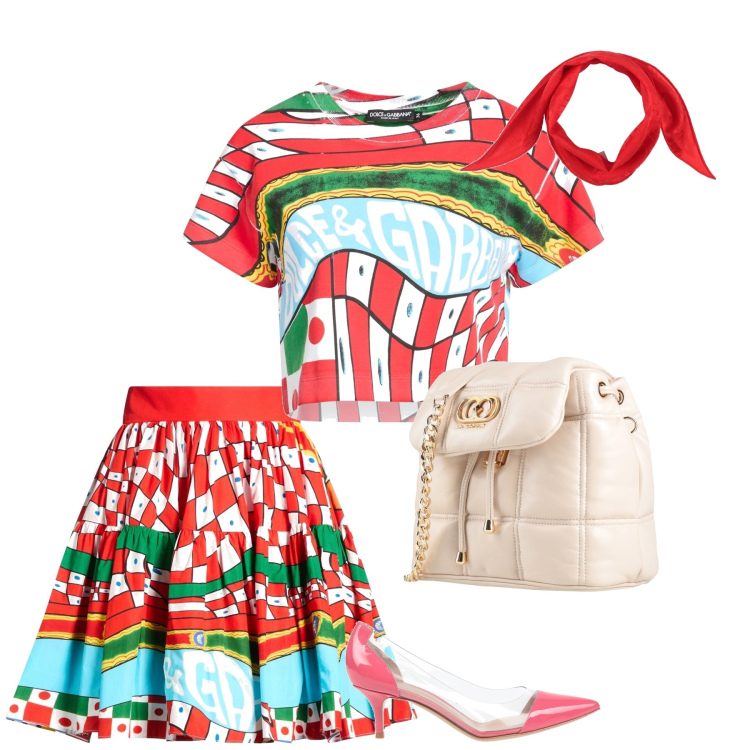 Outfit donna - Colore. Stile Bon Ton per Tutti i giorni. Abbinamento con sciarpe, t-shirt, valigie, minigonne, décolleté.