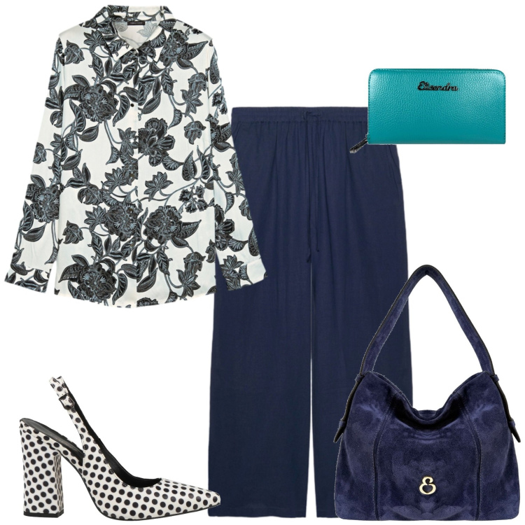 Outfit donna - Stampe che illuminano-Focus Donna Curvy. Stile Casual chic per Ufficio. Abbinamento con décolleté, borse a spalla, portafogli, pantaloni a palazzo, camicie.