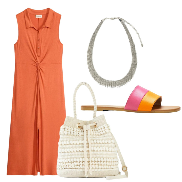 Outfit donna - Total look #2438989. Stile Basic per Mare. Abbinamento con vestiti chemisier, ciabatte, borse a secchiello, collane.