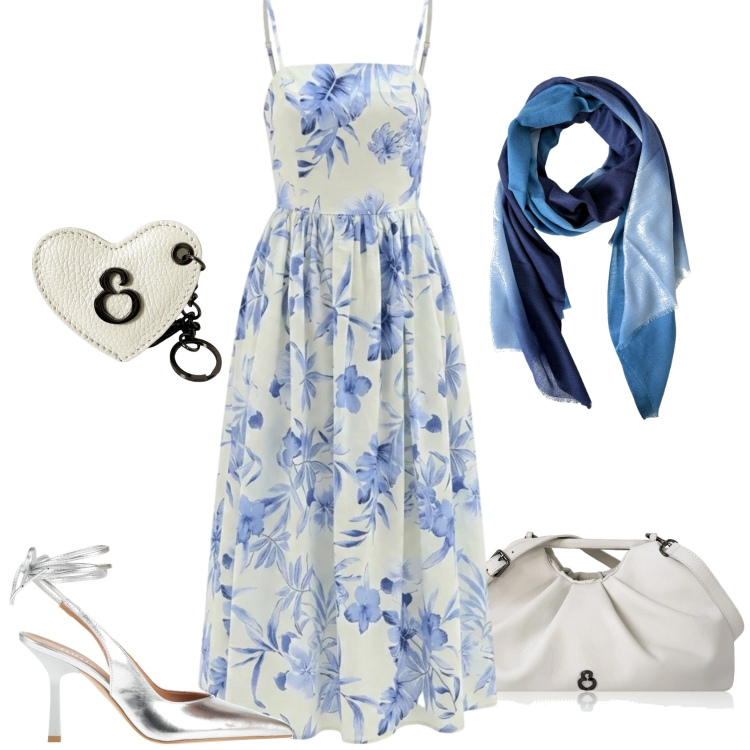Outfit donna - Stampe che illimunano-Focus Donna Curvy. Stile Romantica per Cerimonia. Abbinamento con décolleté, clutch, portachiavi, foulard, vestiti midi/longuette.