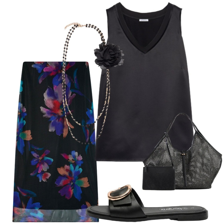 Outfit donna - Passione del sud. Stile Chic per Serata fuori. Abbinamento con ciabatte, shopping bag, gonne lunghe, top, collane.