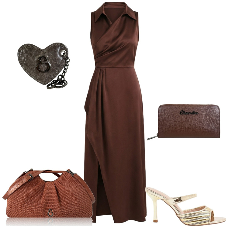 Outfit donna - Aperitivo d\'estate-Focus Donna Curvy. Stile Chic per Serata fuori. Abbinamento con clutch, portafogli, portachiavi, vestiti midi/longuette, sabot.