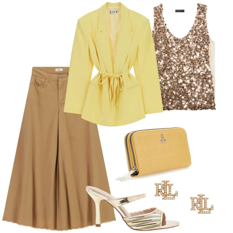 Outfit donna - Oroscopo Il Leone - La Protagonista. Stile Glamour per Serata fuori. Abbinamento con sabot, blazer, gonne lunghe, top, orecchini, portafogli.