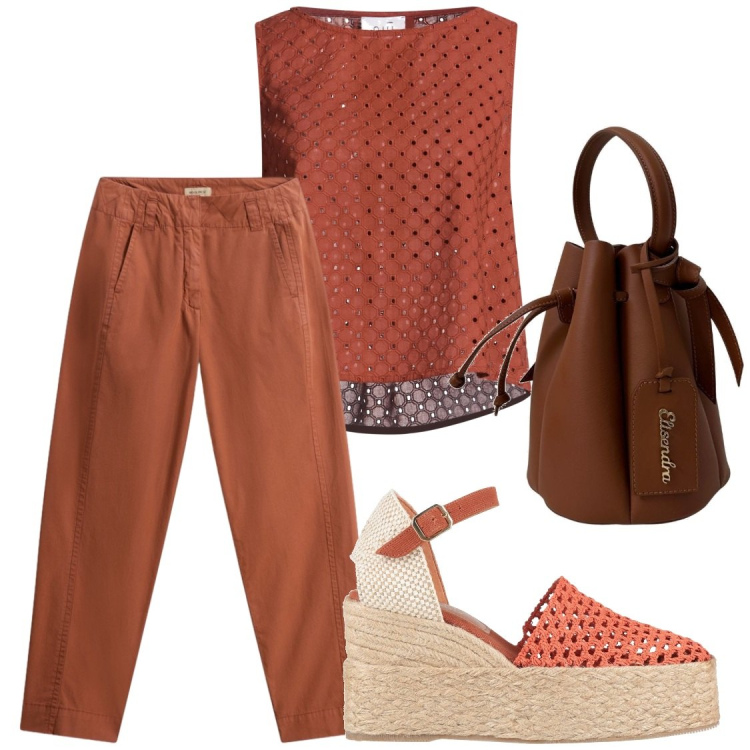 Outfit donna - Color terra cotta. Stile Chic per Ufficio. Abbinamento con top, espadrillas, borse a secchiello, pantaloni.