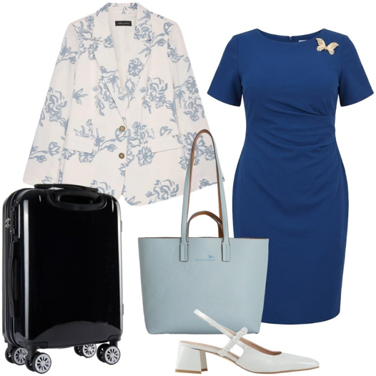 Outfit donna - Viaggio di lavoro. Stile Chic per Tutti i giorni. Abbinamento con décolleté, shopping bag, valigie, blazer, vestiti a tubino.