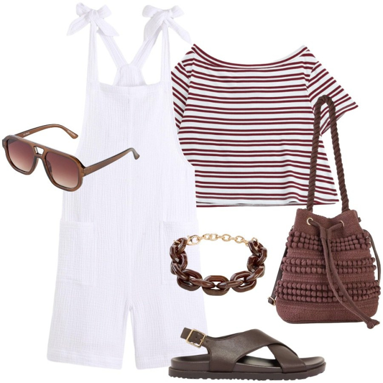 Outfit donna - In vacanza. Stile Preppy per Tutti i giorni. Abbinamento con tuta corta, sandali in pelle, braccialetti, borse a secchiello, occhiali da sole, t-shirt.
