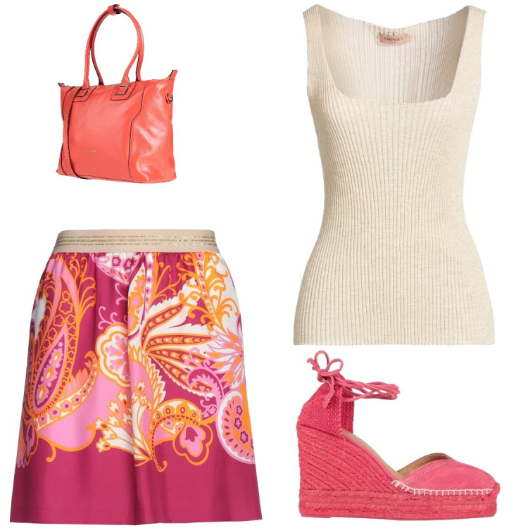 Outfit donna - Serate estive. Stile Chic per Serata fuori. Abbinamento con minigonne, zaini, espadrillas, top.