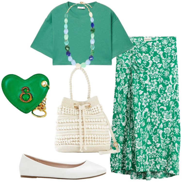 Outfit donna - Casual. Stile Casual per Tutti i giorni. Abbinamento con ballerine, borse a secchiello, gonne longuette, portachiavi, t-shirt, collane.