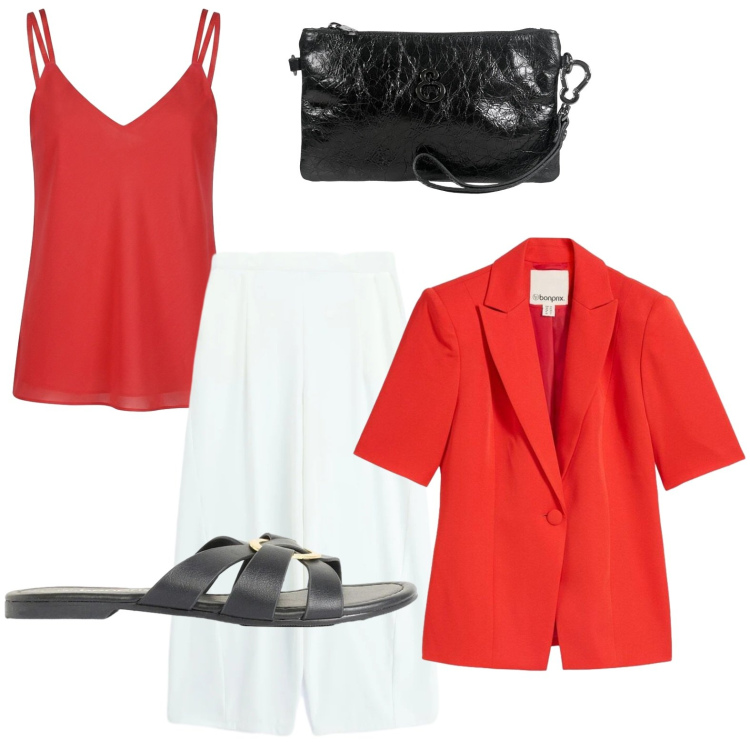 Outfit donna - Rosso raffinato. Stile Urban per Tutti i giorni. Abbinamento con blazer, ciabatte, pochette, pantaloni a palazzo, canottiere.